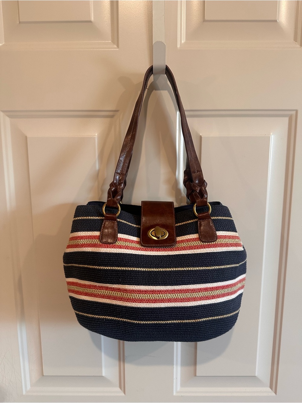 Croft & Barrow Striped Navy and Red Tote Bag with Brown Trim Turn Lock Closure
